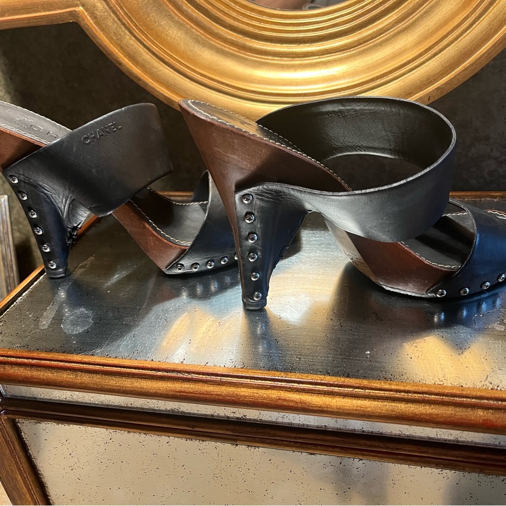 Chanel made in Italy size 38.5 wooden heal leather black with silver studs.